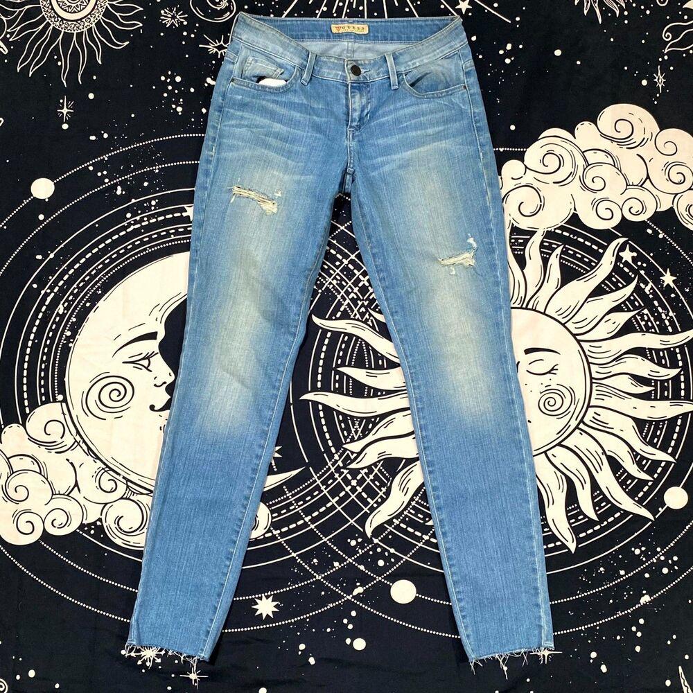 Guess Jeans Women's 27x30 Blue Cotton Denim Skinny Faded Raw-Hem Distressed